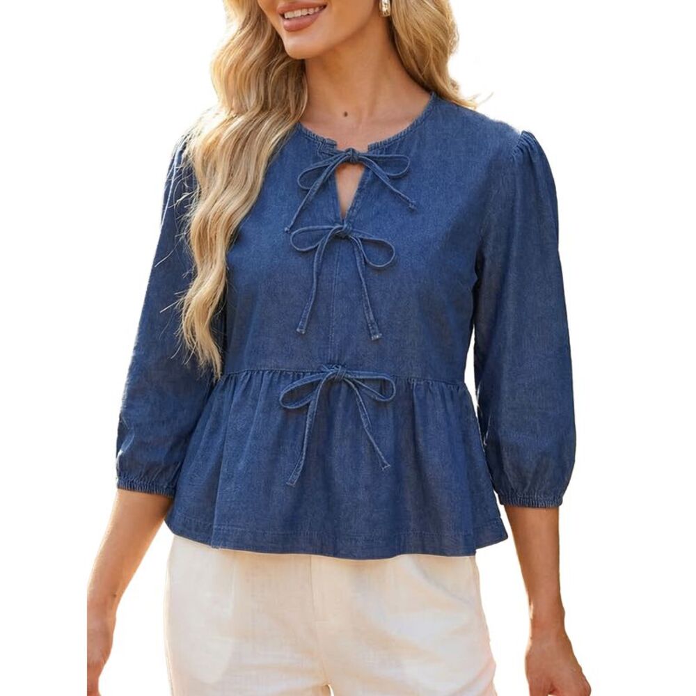 Women's Tie Front Peplum Denim Tops Babydoll Jean Blouse Dark Blue